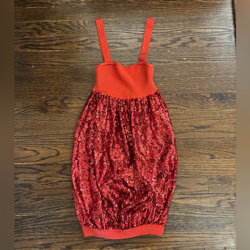 Bebe Red sequin mini dress with straps and stretchy fabric #glam #partydress